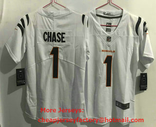 Women's Cincinnati Bengals #1 Ja'Marr Chase NEW White 2021 Vapor Untouchable Stitched NFL Nike Limited Jersey
