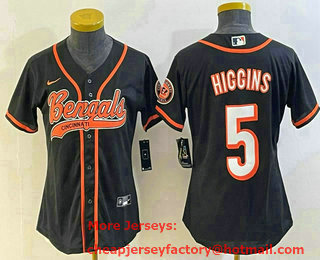 Women's Cincinnati Bengals #5 Tee Higgins Black With Patch Cool Base Stitched Baseball Jersey