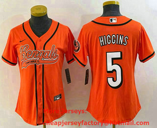 Women's Cincinnati Bengals #5 Tee Higgins Orange With Patch Cool Base Stitched Baseball Jersey