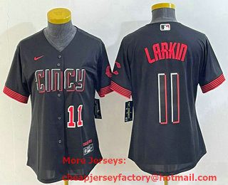 Women's Cincinnati Reds #11 Barry Larkin Number Black 2023 City Connect Cool Base Stitched Jersey 01