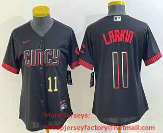 Women's Cincinnati Reds #11 Barry Larkin Number Black 2023 City Connect Cool Base Stitched Jersey 03