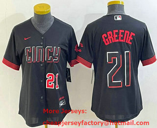 Women's Cincinnati Reds #21 Hunter Greene Number Black 2023 City Connect Cool Base Stitched Jersey 01