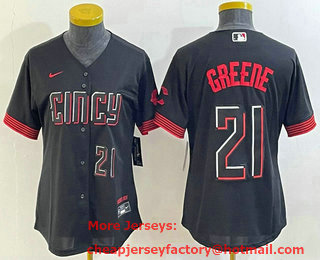 Women's Cincinnati Reds #21 Hunter Greene Number Black 2023 City Connect Cool Base Stitched Jersey 03