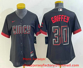 Women's Cincinnati Reds #30 Ken Griffey Jr Black 2023 City Connect Cool Base Stitched Jersey 01