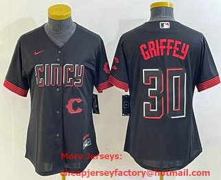 Women's Cincinnati Reds #30 Ken Griffey Jr Black 2023 City Connect Cool Base Stitched Jersey 02