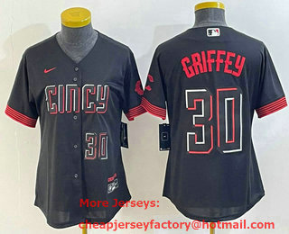 Women's Cincinnati Reds #30 Ken Griffey Jr Number Black 2023 City Connect Cool Base Stitched Jersey 01