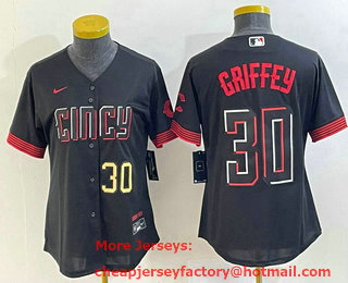 Women's Cincinnati Reds #30 Ken Griffey Jr Number Black 2023 City Connect Cool Base Stitched Jersey 02