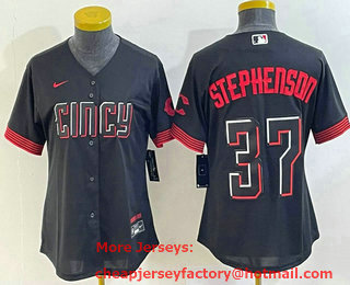 Women's Cincinnati Reds #37 Tyler Stephenson Black 2023 City Connect Cool Base Stitched Jersey 01