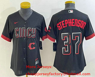 Women's Cincinnati Reds #37 Tyler Stephenson Black 2023 City Connect Cool Base Stitched Jersey 02