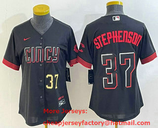 Women's Cincinnati Reds #37 Tyler Stephenson Number Black 2023 City Connect Cool Base Stitched Jersey 01