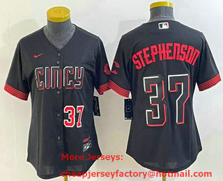 Women's Cincinnati Reds #37 Tyler Stephenson Number Black 2023 City Connect Cool Base Stitched Jersey 03