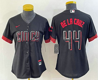 Women's Cincinnati Reds #44 Elly De La Cruz Black 2023 City Connect Cool Base Stitched Baseball Jersey 01