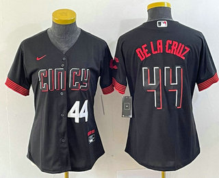 Women's Cincinnati Reds #44 Elly De La Cruz Number Black 2023 City Connect Cool Base Stitched Baseball Jersey 03