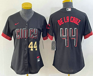 Women's Cincinnati Reds #44 Elly De La Cruz Number Black 2023 City Connect Cool Base Stitched Baseball Jersey 04
