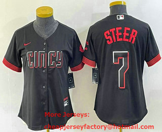Women's Cincinnati Reds #7 Spencer Steer Black 2023 City Connect Cool Base Stitched Baseball Jersey 01