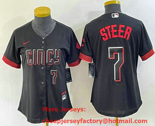 Women's Cincinnati Reds #7 Spencer Steer Numer Black 2023 City Connect Cool Base Stitched Baseball Jersey 01