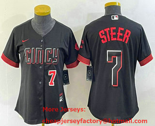 Women's Cincinnati Reds #7 Spencer Steer Numer Black 2023 City Connect Cool Base Stitched Baseball Jersey 02