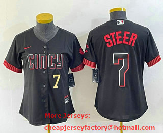 Women's Cincinnati Reds #7 Spencer Steer Numer Black 2023 City Connect Cool Base Stitched Baseball Jersey 03