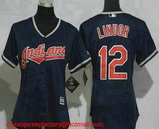 Women's Cleveland Indians #12 Francisco Lindor Navy Blue Stitched MLB Cool Base Jersey