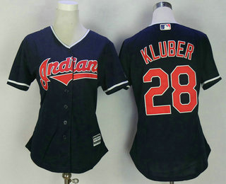 Women's Cleveland Indians #28 Corey Kluber Navy Blue Stitched MLB Cool Base Jersey