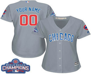 Women's Customized MLB Majestic Road Chicago Cubs 2016 World Series Champions Cool Base Grey Jersey