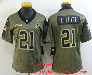 Women's Dallas Cowboys #21 Ezekiel Elliott 2021 Olive Salute To Service Limited Stitched Jersey