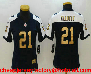 Women's Dallas Cowboys #21 Ezekiel Elliott Blue Thanksgiving with Gold 2017 Vapor Untouchable Stitched NFL Nike Limited Jersey