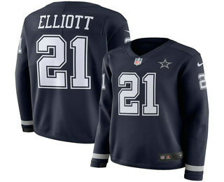 Women's Dallas Cowboys #21 Ezekiel Elliott Nike Navy Therma Long Sleeve Limited Jersey