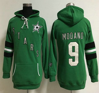 Women's Dallas Stars #9 Mike Modano Old Time Hockey Green Hoodie