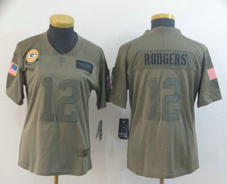 Women's Green Bay Packers #12 Aaron Rodgers NEW Olive 2019 Salute To Service Stitched NFL Nike Limited Jersey