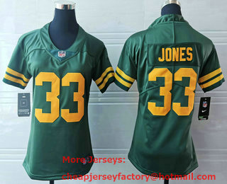 Women's Green Bay Packers #33 Aaron Jones Green Yellow 2021 Vapor Untouchable Stitched NFL Nike Limited Jersey