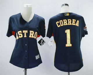 Women's Houston Astros #1 Carlos Correa Navy Blue with Gold Cool Base Stitched 2017 World Series Champions Patch Jersey