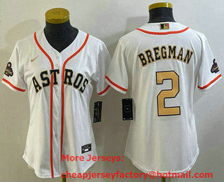 Women's Houston Astros #2 Alex Bregman 2023 White Gold World Serise Champions Patch Cool Base Stitched Jersey 01