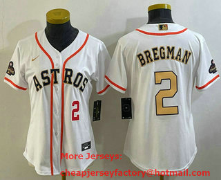 Women's Houston Astros #2 Alex Bregman Number 2023 White Gold World Serise Champions Patch Cool Base Stitched Jersey 01