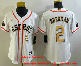 Women's Houston Astros #2 Alex Bregman Number 2023 White Gold World Serise Champions Patch Cool Base Stitched Jersey 02