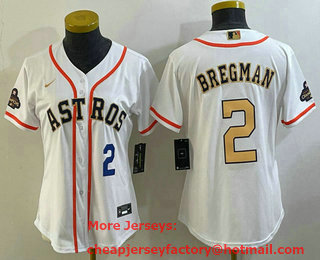 Women's Houston Astros #2 Alex Bregman Number 2023 White Gold World Serise Champions Patch Cool Base Stitched Jersey 03