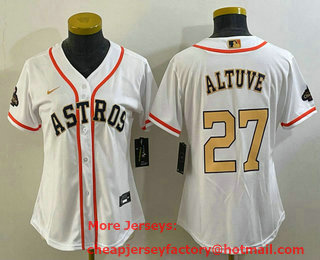 Women's Houston Astros #27 Jose Altuve 2023 White Gold World Serise Champions Patch Cool Base Stitched Jersey 01
