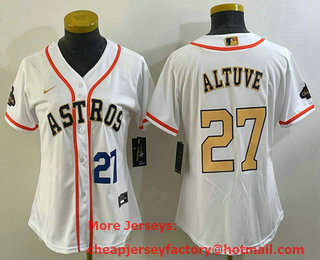 Women's Houston Astros #27 Jose Altuve Number 2023 White Gold World Serise Champions Patch Cool Base Stitched Jersey 01