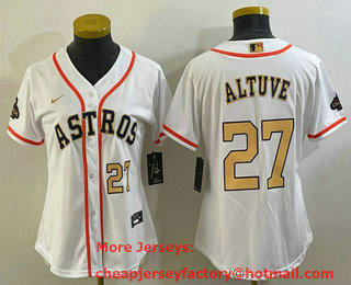 Women's Houston Astros #27 Jose Altuve Number 2023 White Gold World Serise Champions Patch Cool Base Stitched Jersey 02