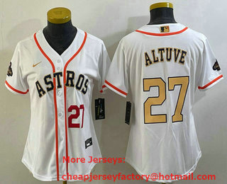 Women's Houston Astros #27 Jose Altuve Number 2023 White Gold World Serise Champions Patch Cool Base Stitched Jersey 03