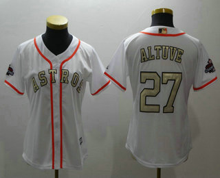 Women's Houston Astros #27 Jose Altuve White with Gold Home Majestic Cool Base Stitched 2017 World Series Champions Patch Jersey