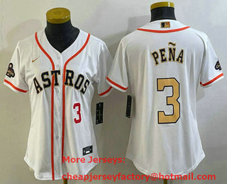 Women's Houston Astros #3 Jeremy Pena Number 2023 White Gold World Serise Champions Patch Cool Base Stitched Jersey 02