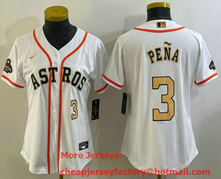 Women's Houston Astros #3 Jeremy Pena Number 2023 White Gold World Serise Champions Patch Cool Base Stitched Jersey 03