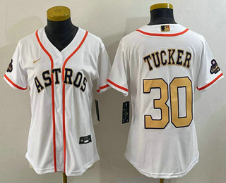 Women's Houston Astros #30 Kyle Tucker 2023 White Gold World Serise Champions Patch Cool Base Stitched Jersey 01
