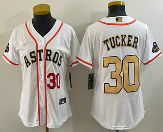 Women's Houston Astros #30 Kyle Tucker Number 2023 White Gold World Serise Champions Patch Cool Base Stitched Jersey 01
