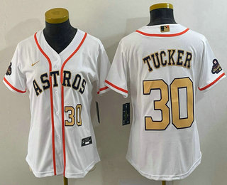 Women's Houston Astros #30 Kyle Tucker Number 2023 White Gold World Serise Champions Patch Cool Base Stitched Jersey 02