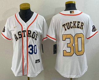 Women's Houston Astros #30 Kyle Tucker Number 2023 White Gold World Serise Champions Patch Cool Base Stitched Jersey 03