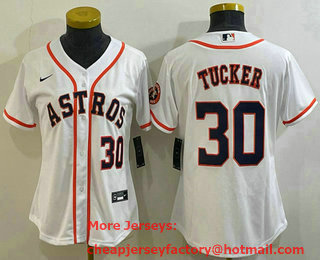 Women's Houston Astros #30 Kyle Tucker Number White With Patch Stitched MLB Cool Base Nike Jersey