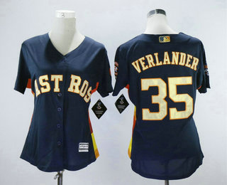Women's Houston Astros #35 Justin Verlander Navy Blue with Gold Cool Base Stitched 2017 World Series Champions Patch Jersey