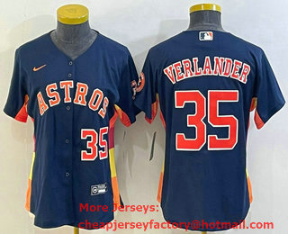 Women's Houston Astros #35 Justin Verlander Number Navy Blue With Patch Stitched MLB Cool Base Nike Jersey